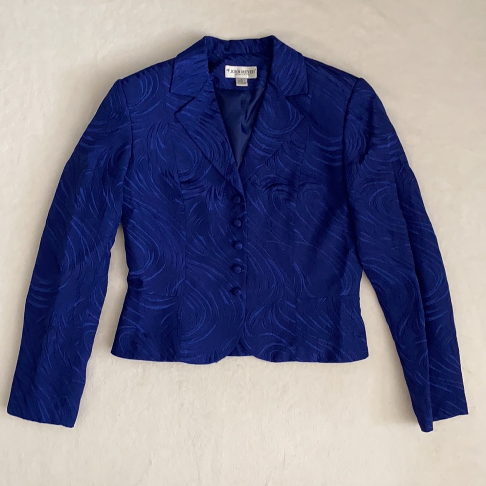 {VTG} John Meyer of Norwich | Metallic Jacquard Jacket Skirt Set Royal Blue (8) - Picture 2 of 16